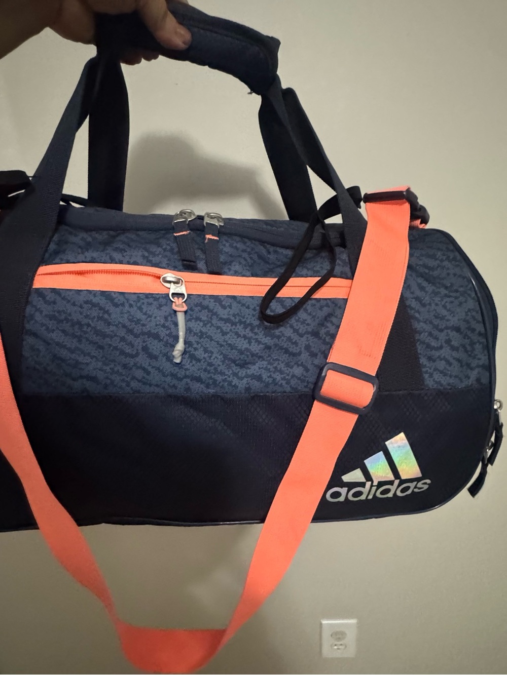 adidas Navy Duffel Bag with Bright Orange Strap